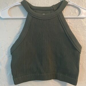 Aerie Superchill Cropped Ribbed Army Green Seamless High Neck Bra Top; size S